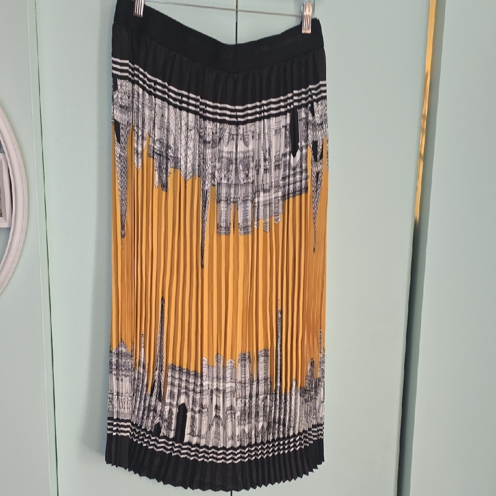 Karl Lagerfeld Yellow, Black & White Pleated Graphic Midi Skirt